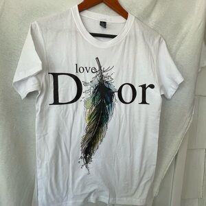 White cotton medium tee Love Dior blue feather pristine condition